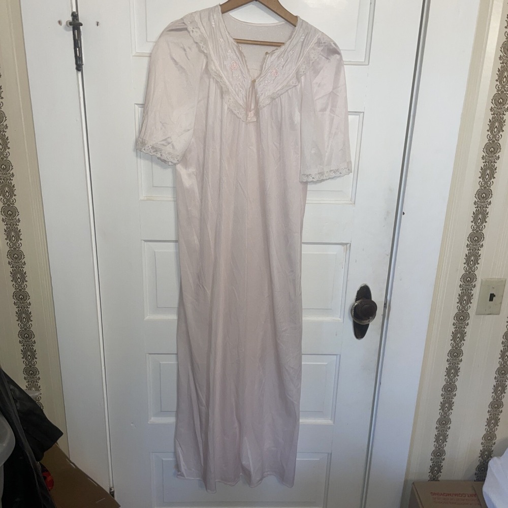Light Pink Nightgown With Lace Detail‎ Neck And Two Button Closure